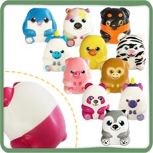 Collection of 9 soft, slow-rising squishy toys in various animal designs, including a panda, pig, monkey, and dog.