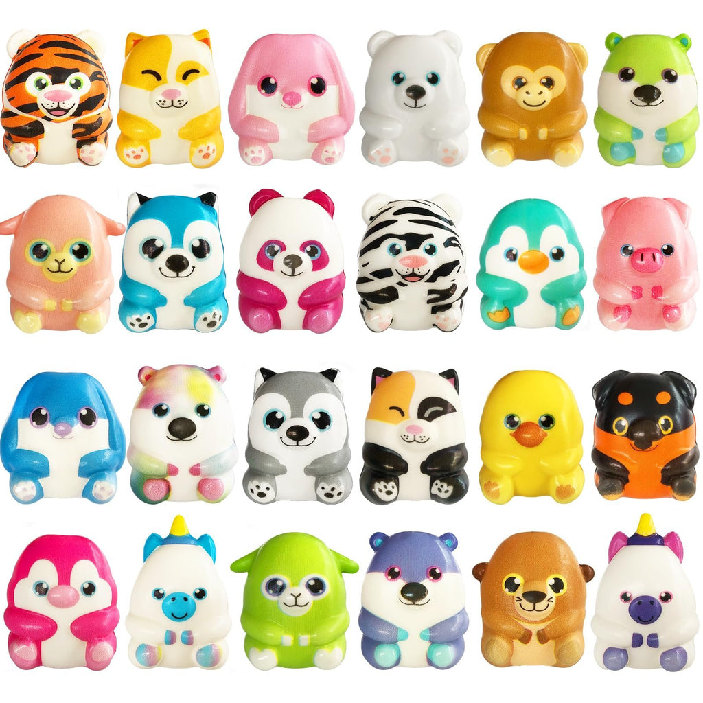 Collection of 24 jumbo slow-rising squishy toys in various cute animal designs, arranged in rows on a white background.