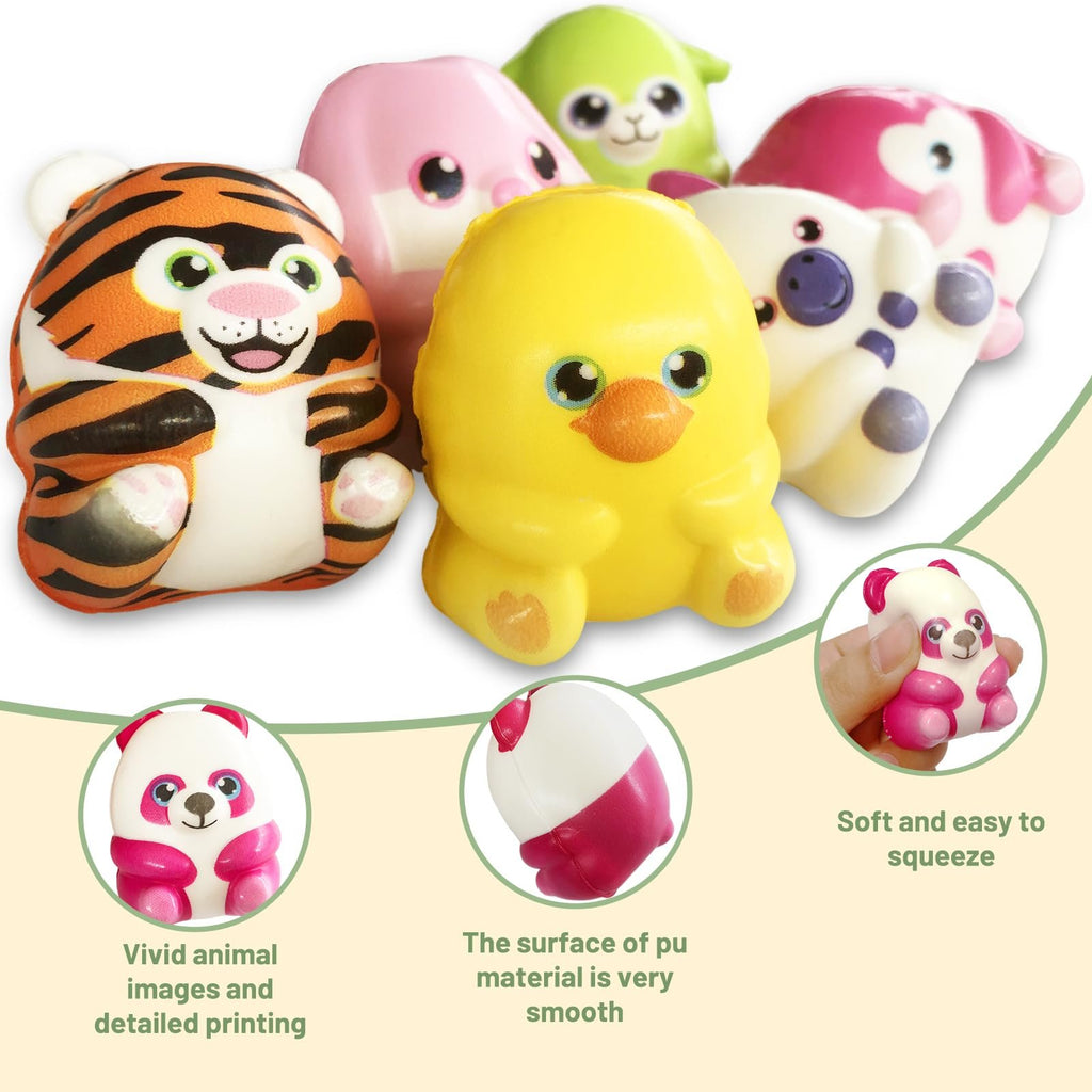 Group of six colorful squishy animal toys including a tiger, duck, and panda, with inset images showing details and texture.