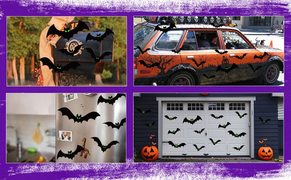 Collage of Halloween bat decorations applied to a mailbox, car, refrigerator, and garage door.