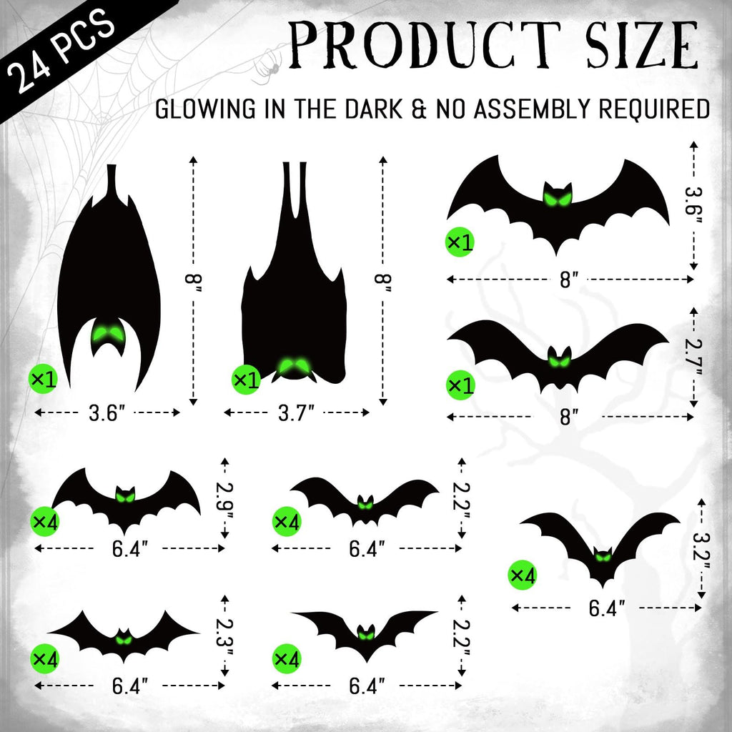 Diagram showing sizes and quantities of 24 magnetic bat Halloween decorations with glow-in-the-dark eyes.