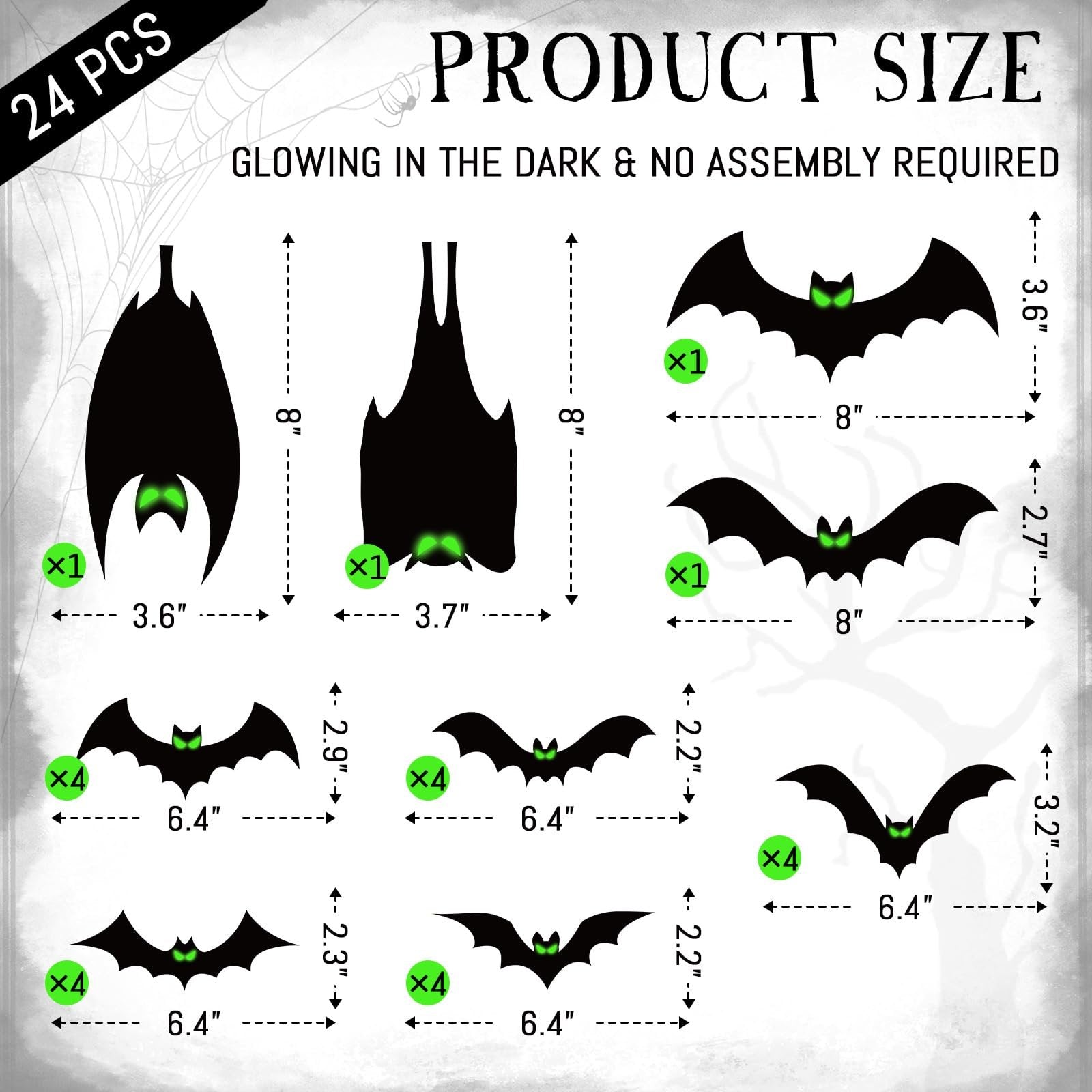 Diagram showing sizes and quantities of 24 magnetic bat Halloween decorations with glow-in-the-dark eyes.