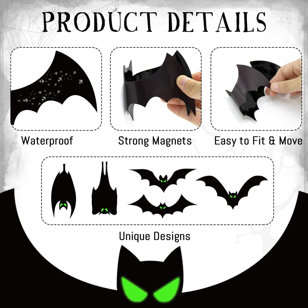 Product details for magnetic Halloween bat decorations showing waterproof, strong magnets, and unique designs.