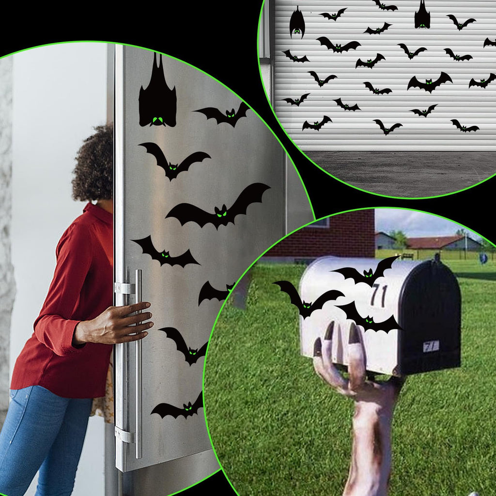 Collage of magnetic Halloween bat decorations applied to a refrigerator, garage door, and mailbox.