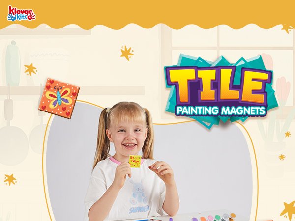 Smiling girl holds a small painted tile magnet, with a larger butterfly tile magnet nearby. "Tile Painting Magnets" graphic is prominent.