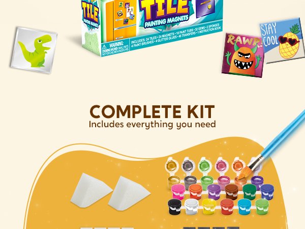 Magnetic tile painting art kit contents including paints, brushes, gems, stickers, and tiles.