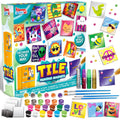 Magnetic tile painting art kit box showing painted tiles, paints, brushes, glitter glue, and gems.