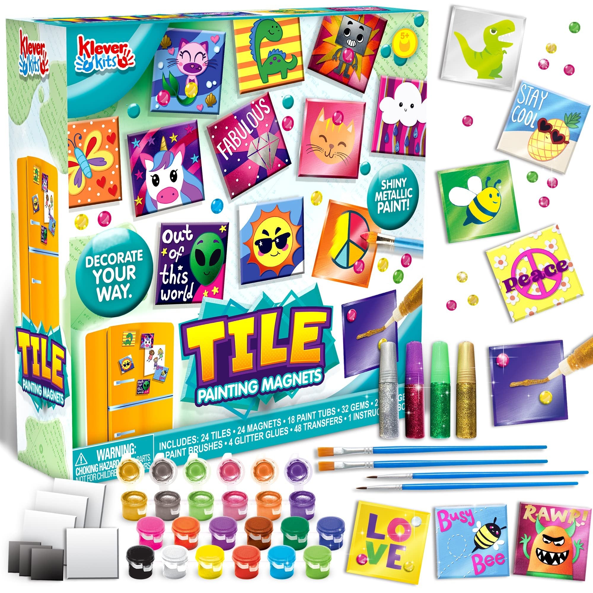 Magnetic tile painting art kit box showing painted tiles, paints, brushes, glitter glue, and gems.