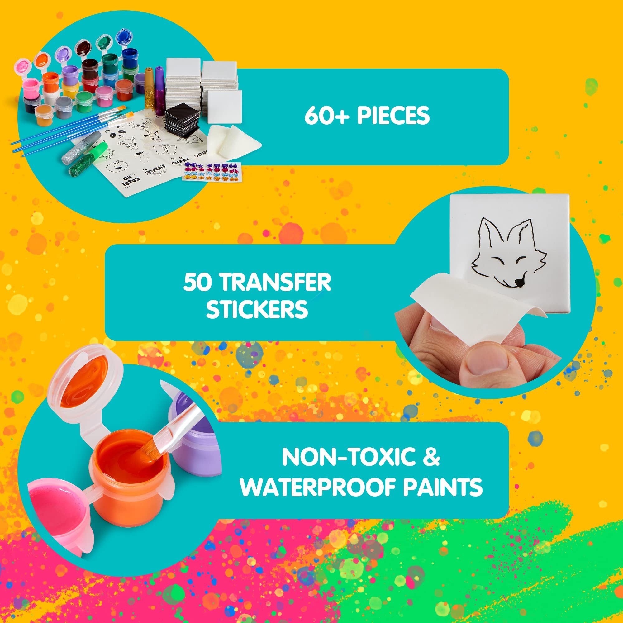 Magnetic mini tile painting art kit contents including paints, brushes, tiles, stickers, and glitter glue.