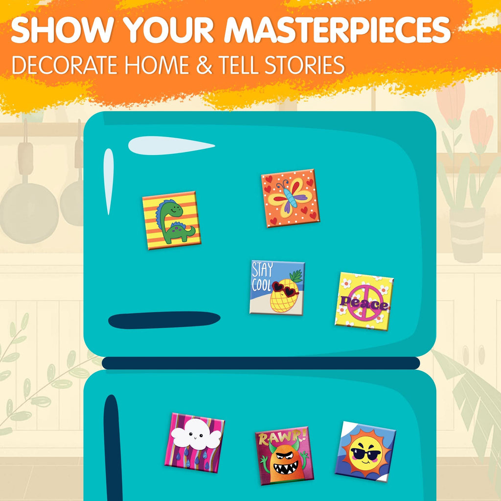Magnetic tiles with various designs including a dinosaur, butterfly, pineapple, peace sign, cloud, monster, and sun, attached to a refrigerator.