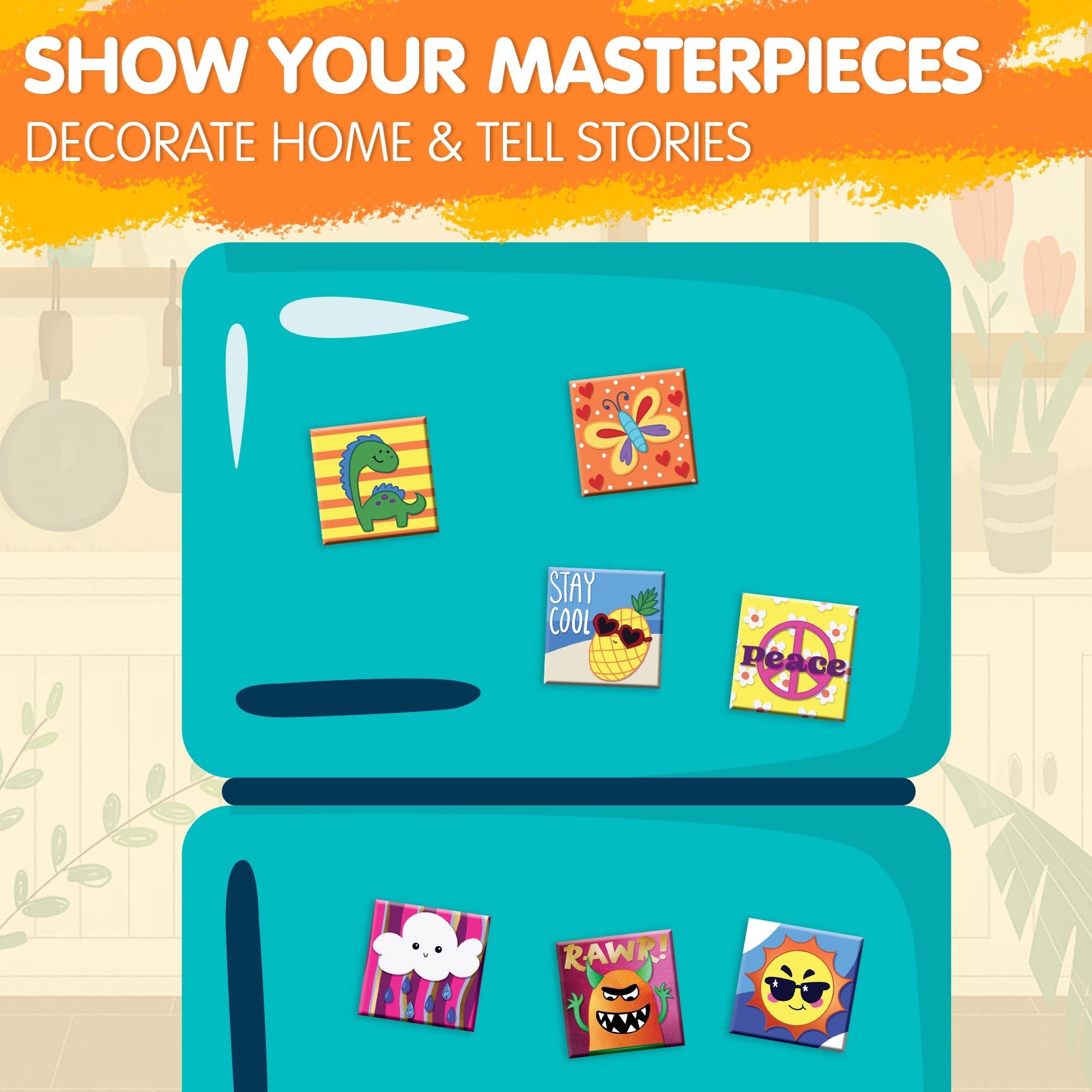 Magnetic tiles with various designs including a dinosaur, butterfly, pineapple, peace sign, cloud, monster, and sun, attached to a refrigerator.