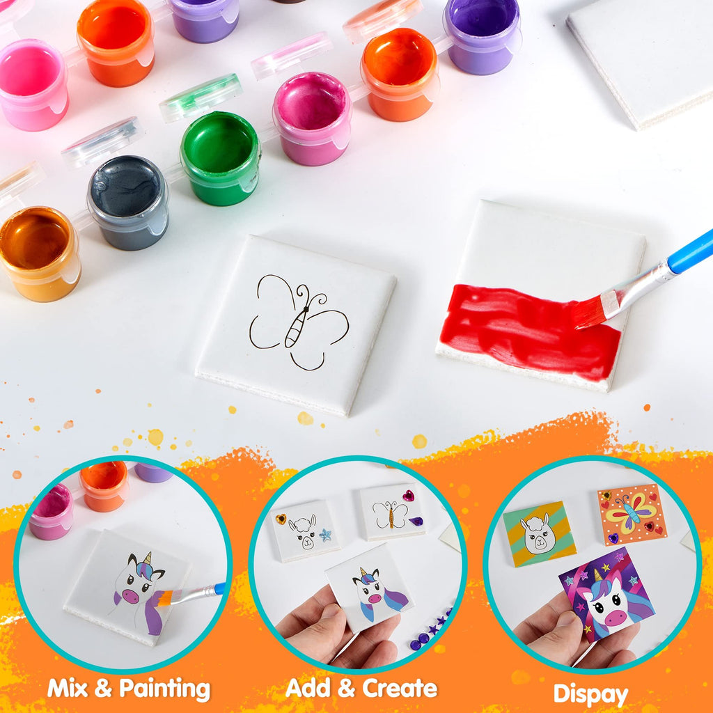 Mini tile painting art kit with paints, brushes, and decorated tiles showing a butterfly and unicorn designs.