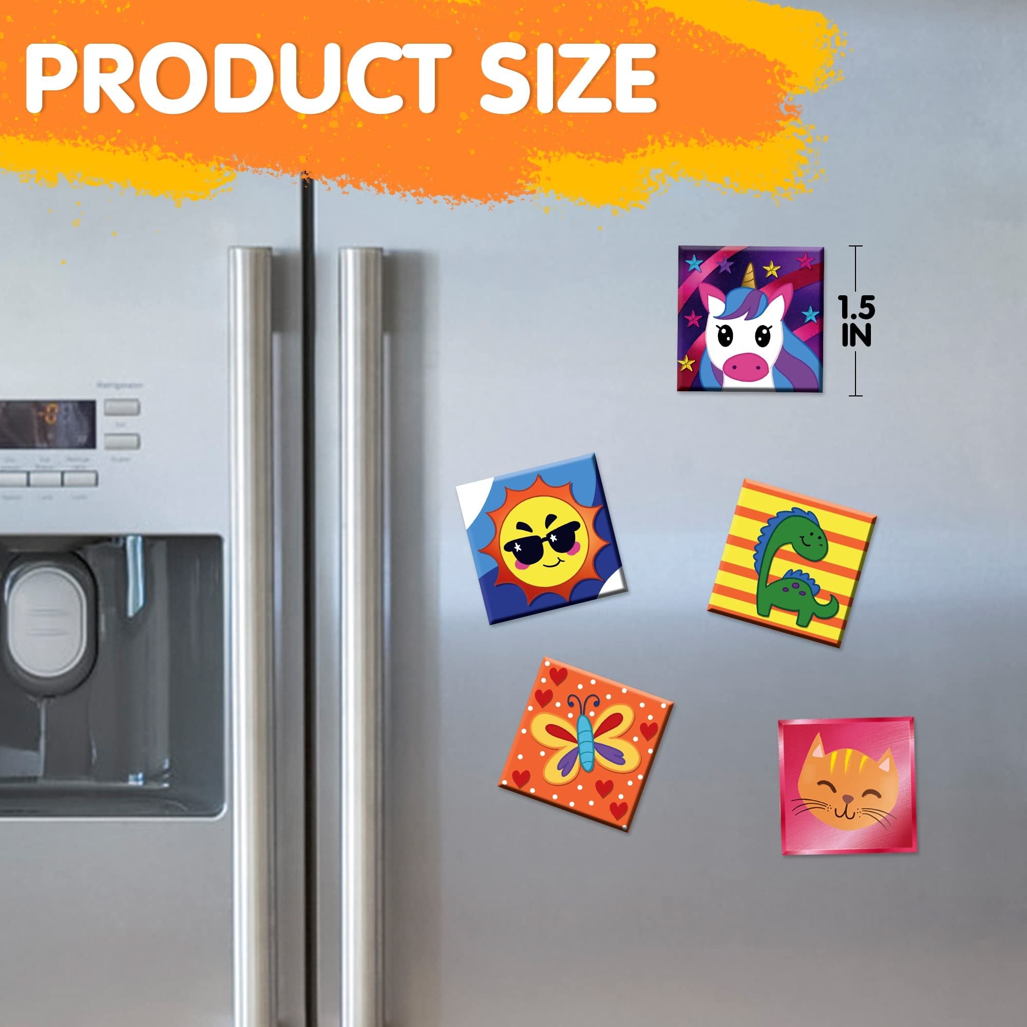 Magnetic mini tiles with unicorn, sun, dinosaur, butterfly, and cat designs on a refrigerator door, showing product size.