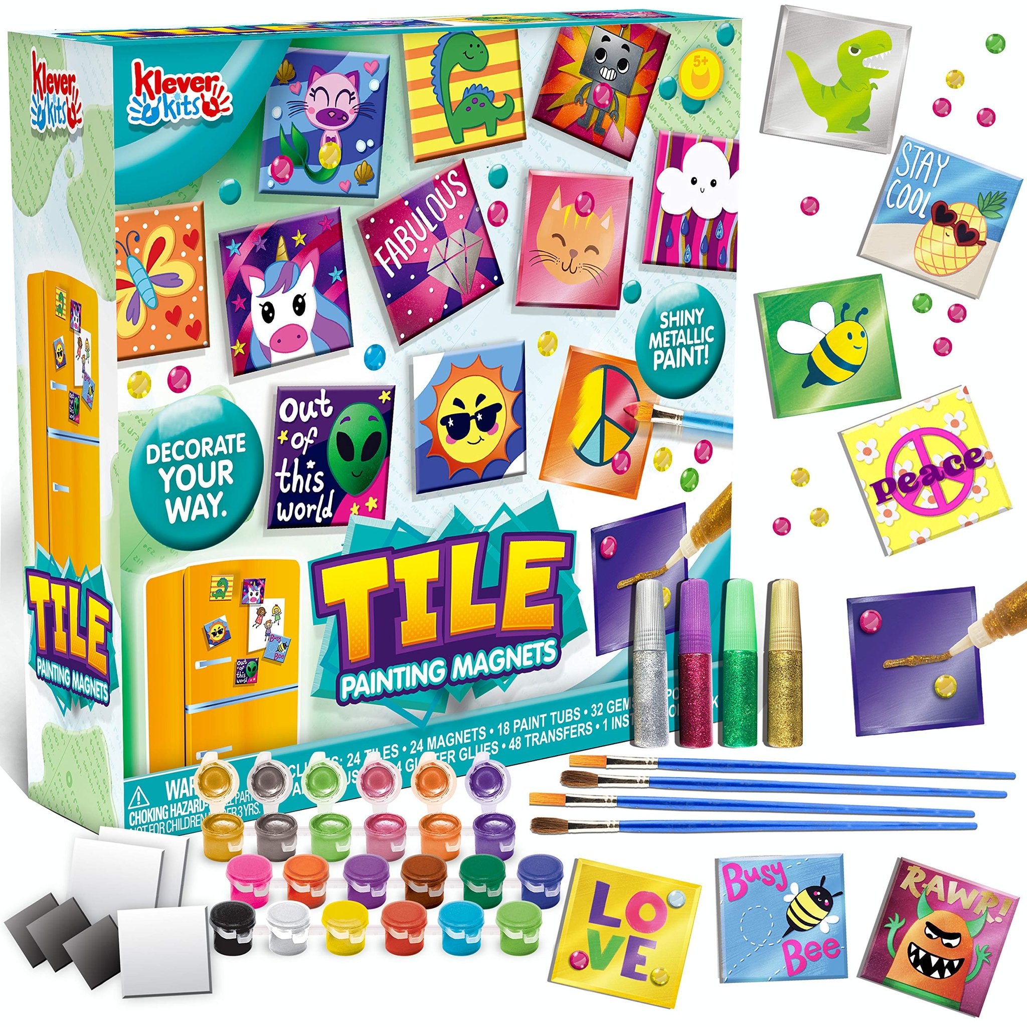 Magnetic tile painting art kit contents including tiles, paints, brushes, gems, and glitter glue.