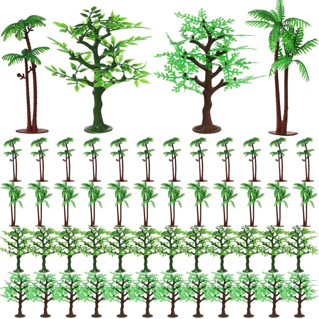 Collection of 24 plastic mini jungle tree figurines in four styles, arranged in rows on a white background.
