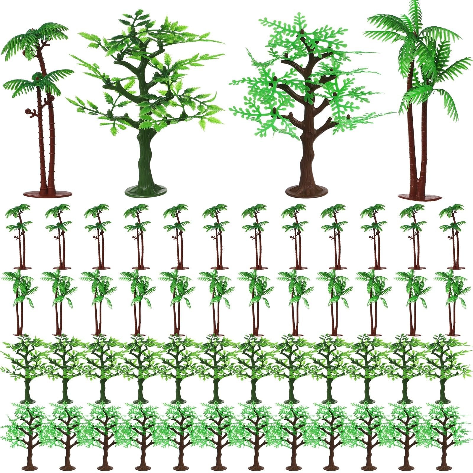 Collection of 24 plastic mini jungle tree figurines in four styles, arranged in rows on a white background.