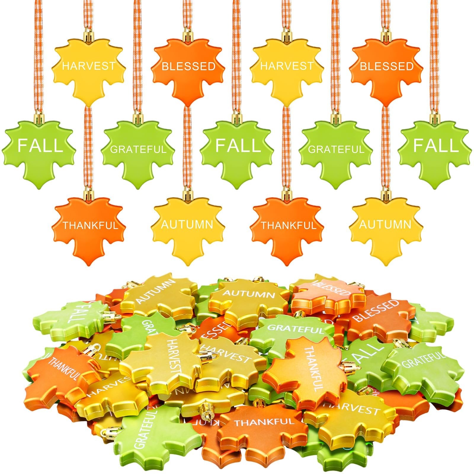 Thanksgiving maple leaf hanging ornaments with words like Harvest, Blessed, Fall, Grateful, Thankful, Autumn.