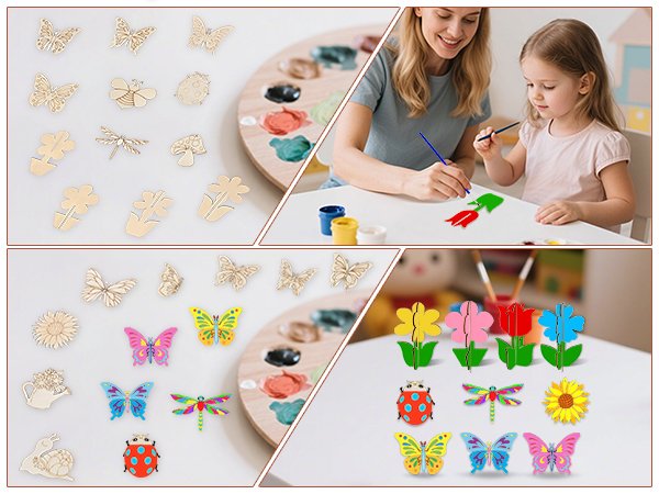 Collage of unfinished wood craft shapes and a mother and daughter painting wooden ornaments.