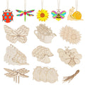 Collection of 12 unfinished wood craft ornaments in various spring shapes including ladybugs, dragonflies, butterflies, bees, snails, mushrooms, sunflowers, and a watering can with flowers, plus a bundle of twine.