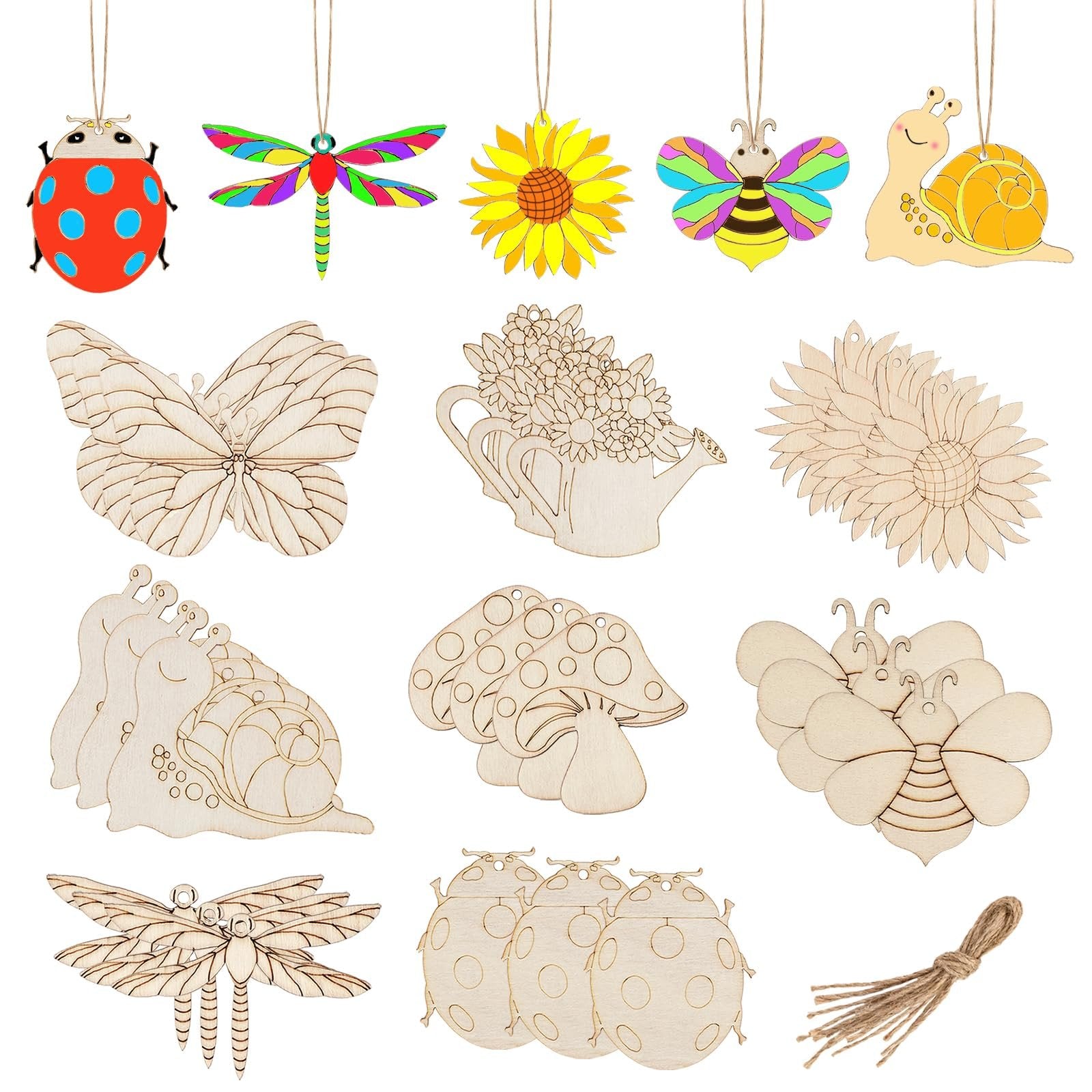 Collection of 12 unfinished wood craft ornaments in various spring shapes including ladybugs, dragonflies, butterflies, bees, snails, mushrooms, sunflowers, and a watering can with flowers, plus a bundle of twine.
