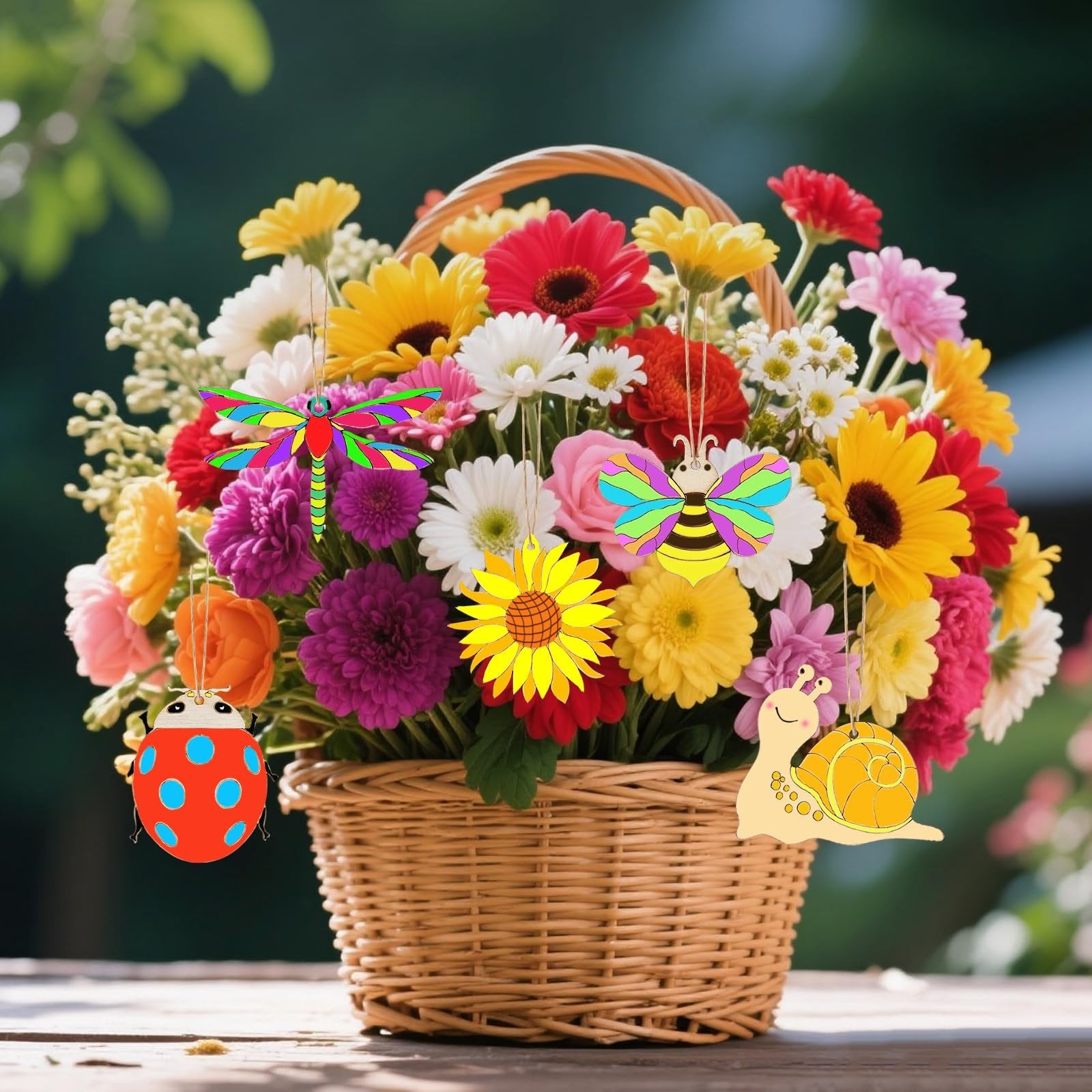 Unfinished wooden spring-themed ornaments in the shape of a ladybug, bee, dragonfly, sunflower, and snail hanging from a basket of colorful flowers.