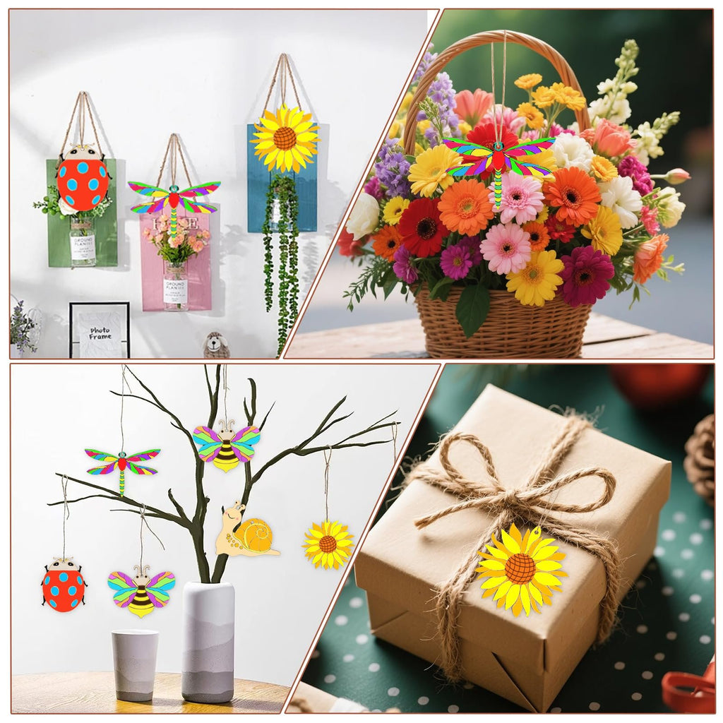 Collage of unfinished wood craft ornaments including ladybugs, dragonflies, bees, snails, and sunflowers, displayed in various settings.