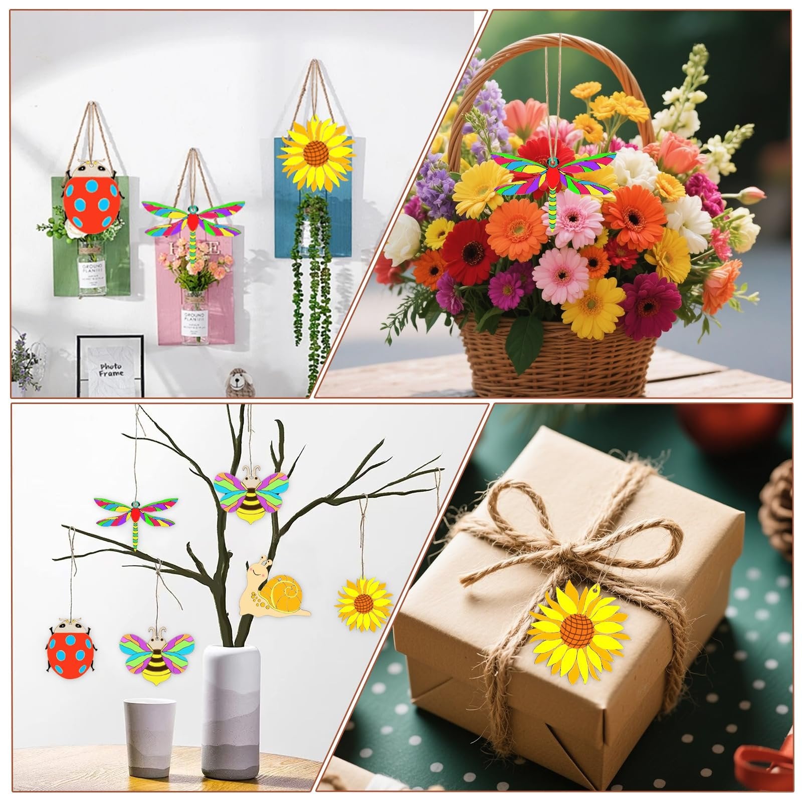 Collage of unfinished wood craft ornaments including ladybugs, dragonflies, bees, snails, and sunflowers, displayed in various settings.
