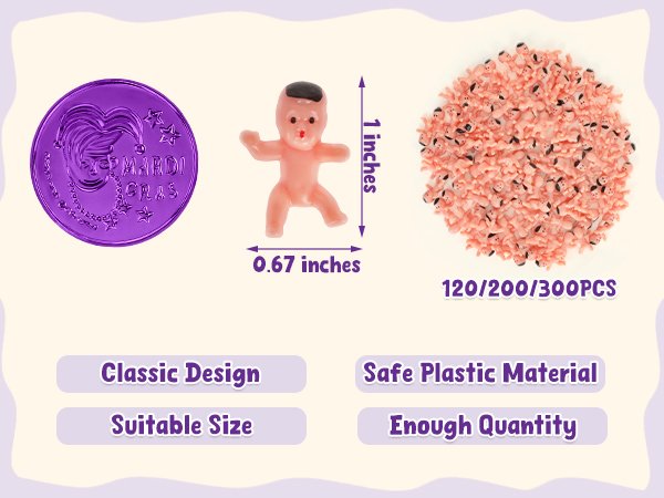 Plastic king cake babies and a Mardi Gras coin with size and quantity callouts