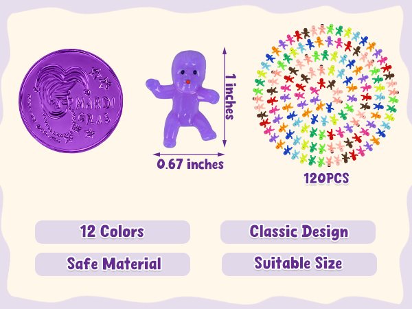 Mardi Gras king cake babies in various colors, with size and quantity details.