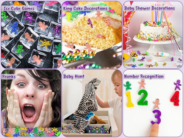 Collage of six images showing plastic king cake babies used for games, decorations, pranks, baby hunts, and number recognition.