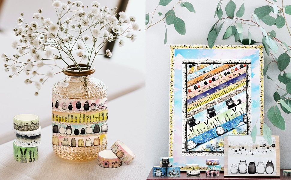 Collection of kawaii animal washi tape rolls and a vase decorated with tape, displayed with a framed artwork and smaller rolls.