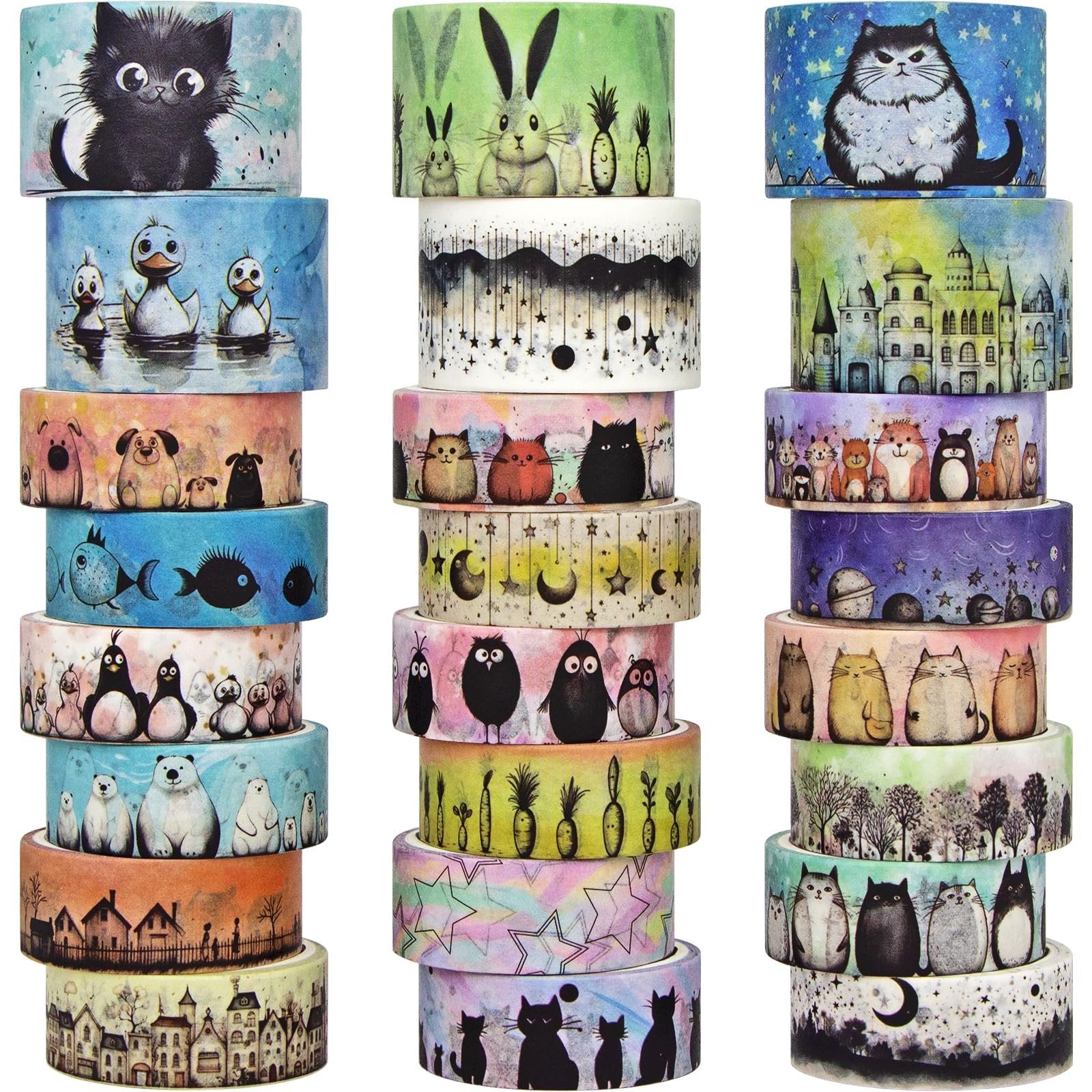 Stacks of 24 kawaii animal washi tape rolls featuring cats, ducks, rabbits, owls, bears, and houses.