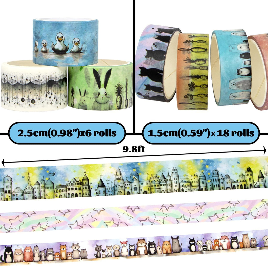 Collection of kawaii animal and decorative washi tape rolls with various designs including ducks, rabbits, cats, stars, and castles.