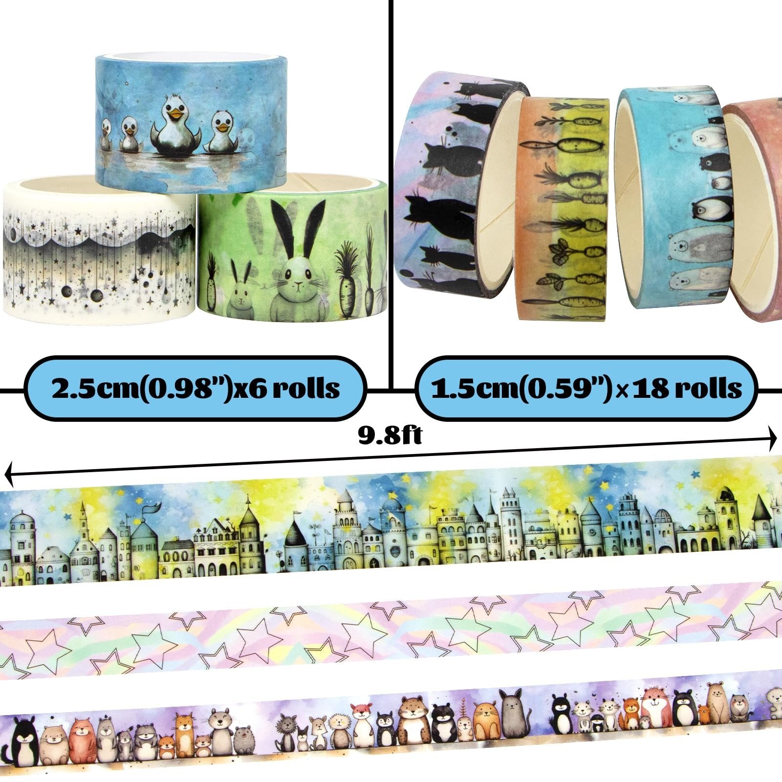 Collection of kawaii animal and decorative washi tape rolls with various designs including ducks, rabbits, cats, stars, and castles.