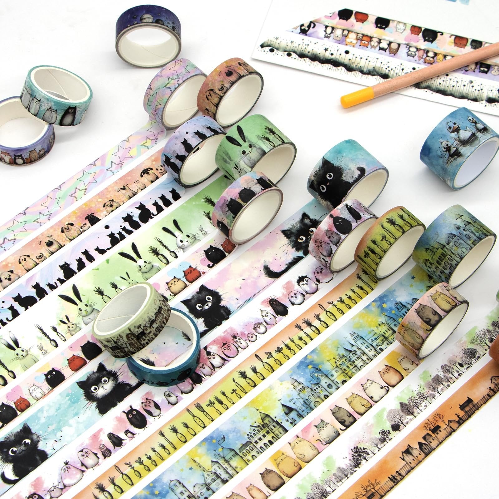 Collection of kawaii animal washi tape rolls with various cute designs like cats, bunnies, and dogs.
