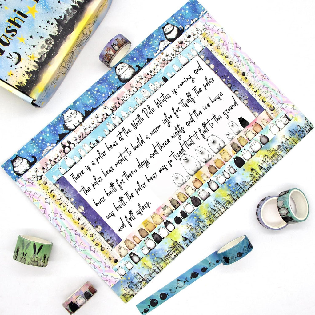 Collection of kawaii animal washi tapes with polar bear story text overlay. Includes polar bears, cats, penguins, and fish designs.