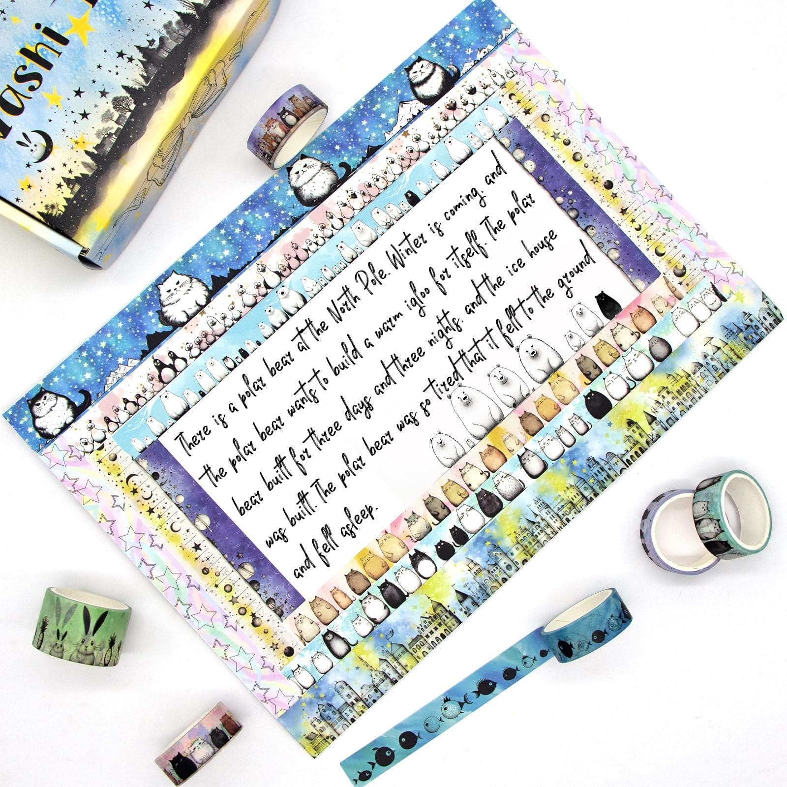 Collection of kawaii animal washi tapes with polar bear story text overlay. Includes polar bears, cats, penguins, and fish designs.