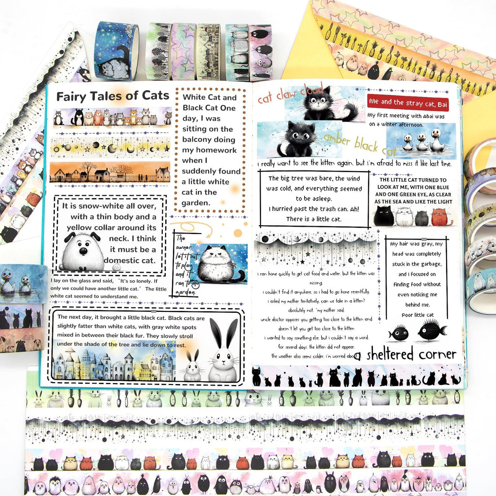 Collection of kawaii cat-themed washi tape rolls and illustrated story panels featuring cats and other animals.