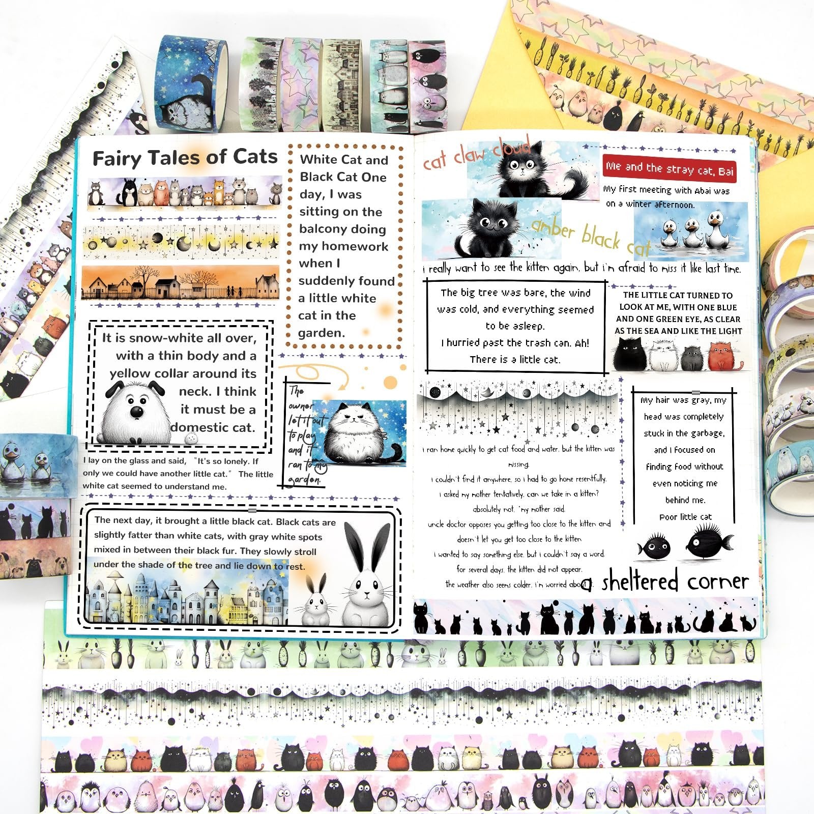 Collection of kawaii cat-themed washi tape rolls and illustrated story panels featuring cats and other animals.