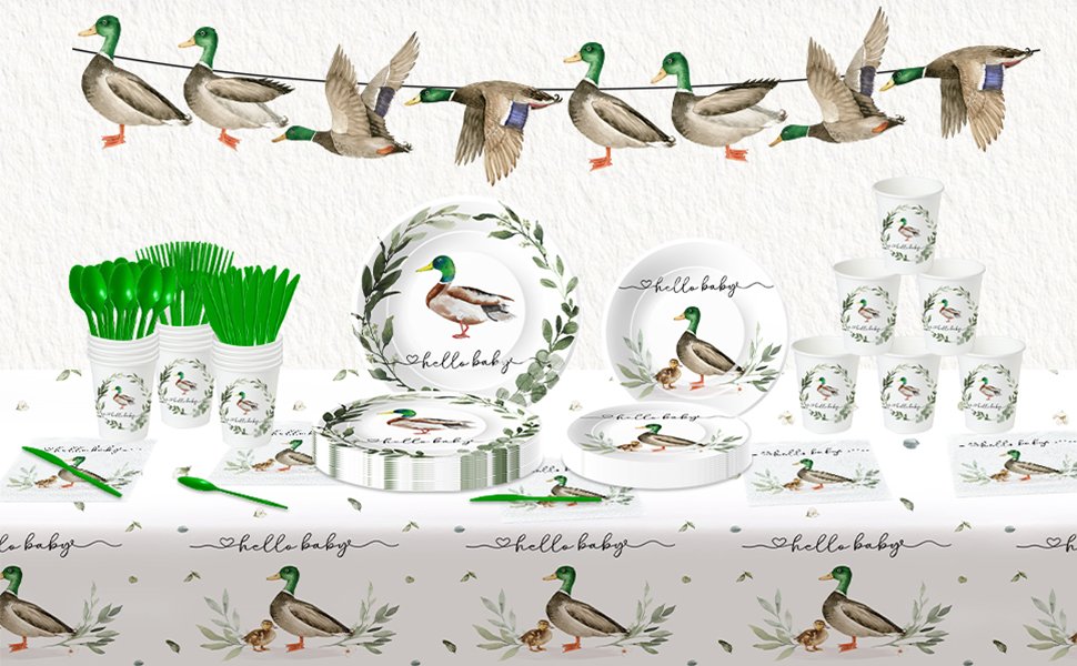 Mallard duck themed baby shower party supplies including plates, cups, napkins, tablecloth, and banner.