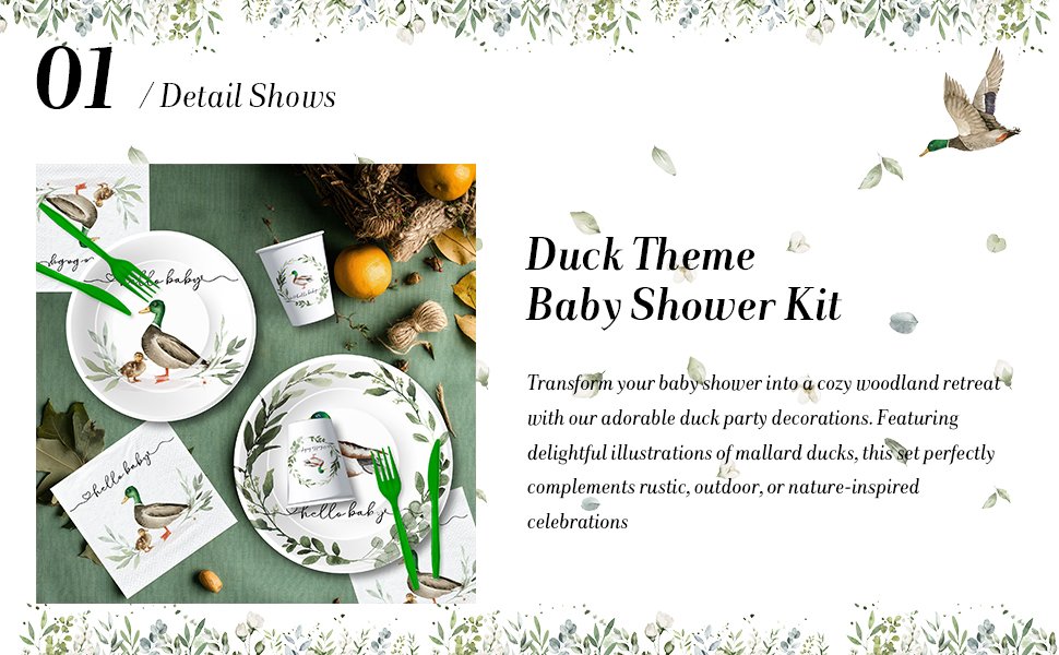Duck themed baby shower party supplies including plates, cups, and napkins with mallard duck illustrations.