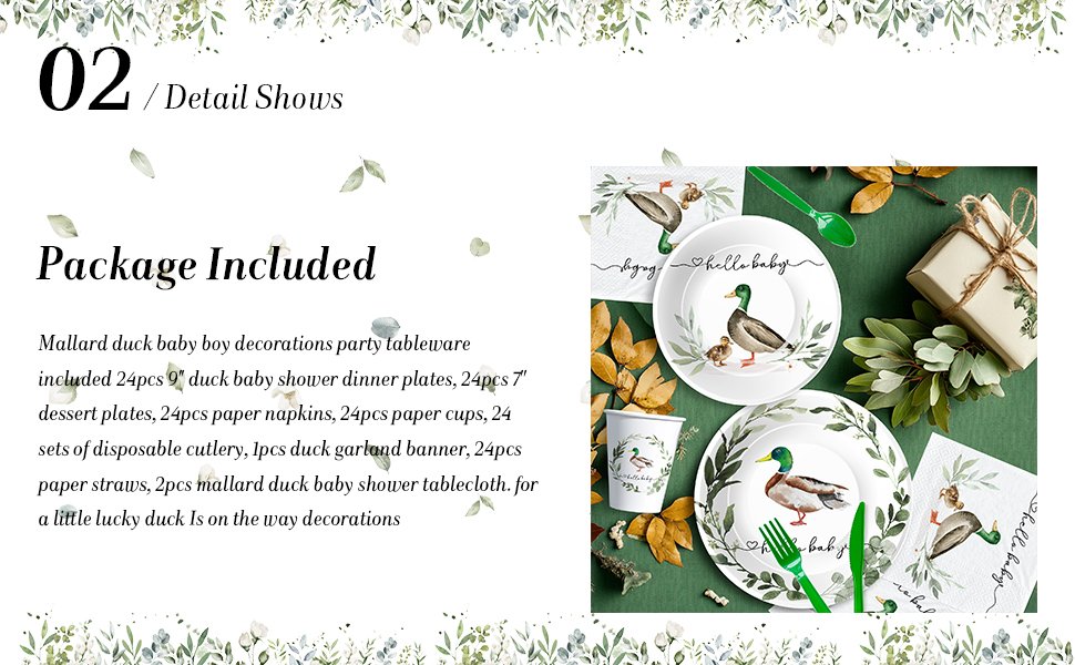 Mallard duck baby shower party tableware set including plates, napkins, cups, cutlery, banner, and tablecloth on a green background.