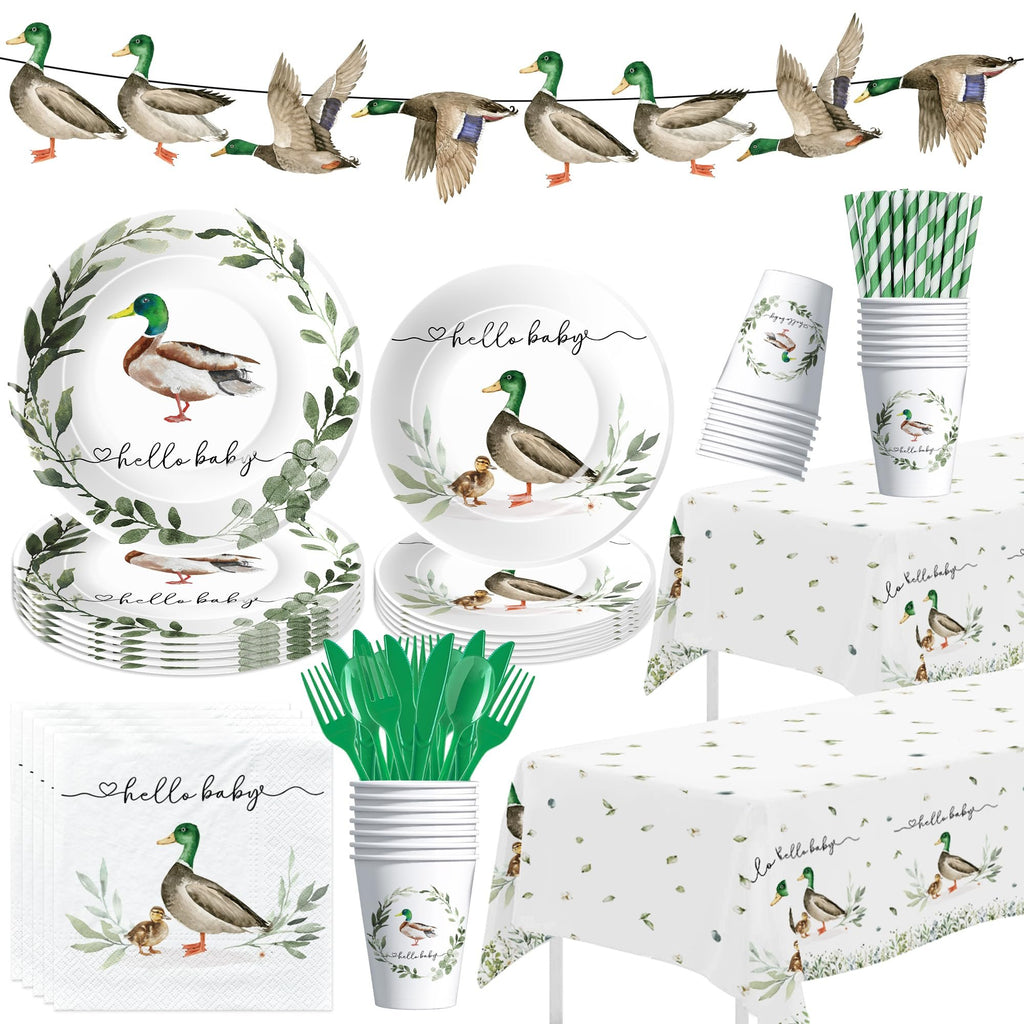 Mallard duck themed baby shower party supplies including plates, cups, napkins, tablecloths, banner, and cutlery.