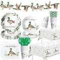 Mallard duck themed baby shower party supplies including plates, cups, napkins, tablecloths, banner, and cutlery.