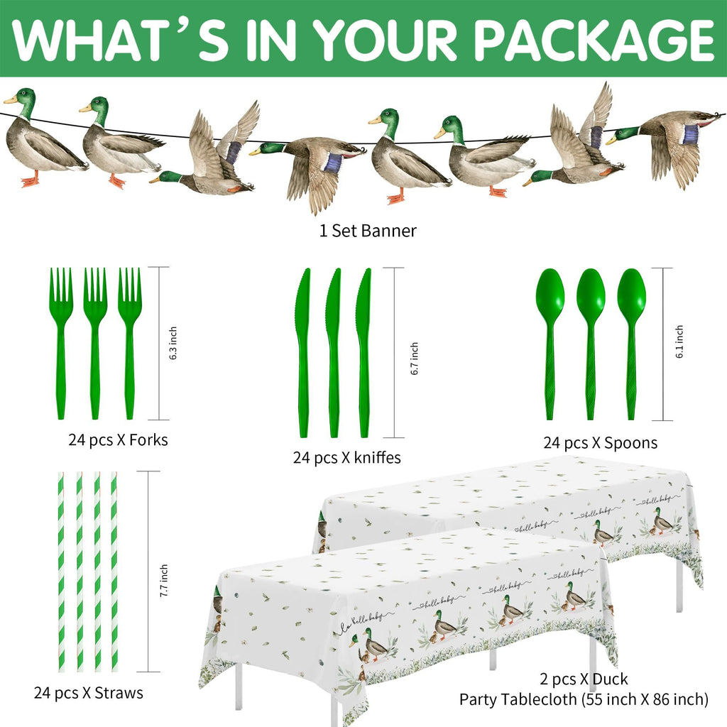 Party supplies set including banner, forks, knives, spoons, straws, and tablecloths with duck and baby theme.