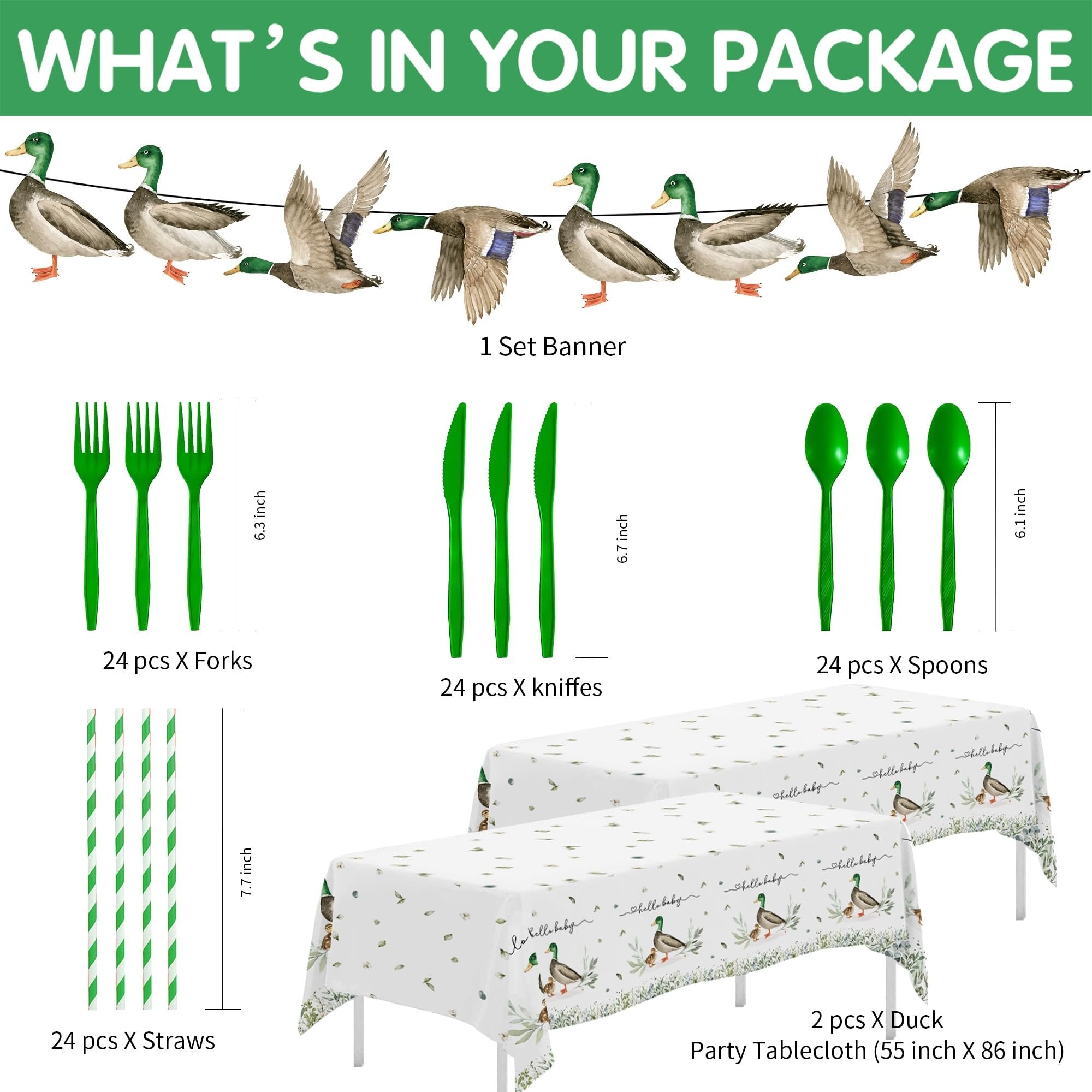 Party supplies set including banner, forks, knives, spoons, straws, and tablecloths with duck and baby theme.