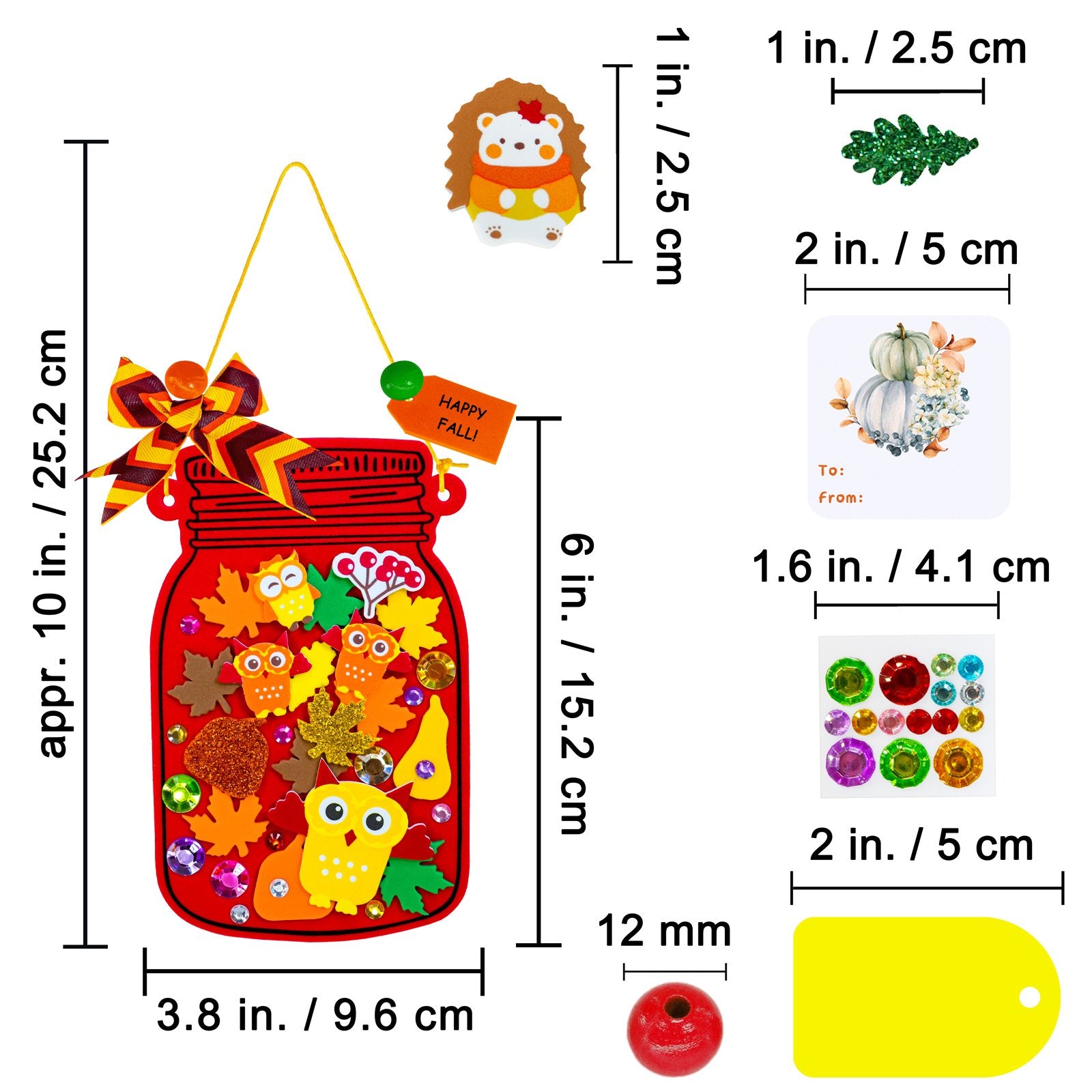 Fall mason jar craft kit components including a red mason jar base, foam stickers, gems, beads, tags, and instructions with size callouts.
