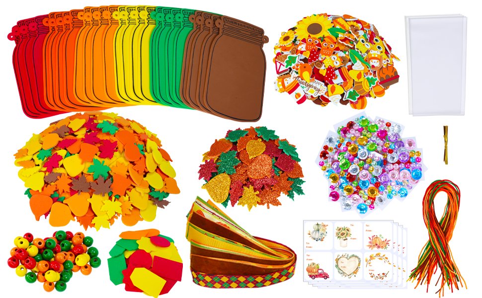 Fall Mason Jar Ornament Craft Kit contents including foam bases, stickers, beads, ribbon, and tags.