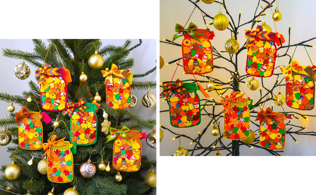 Fall mason jar ornaments filled with autumn-themed foam stickers hanging on a Christmas tree and a decorative tree with lights.