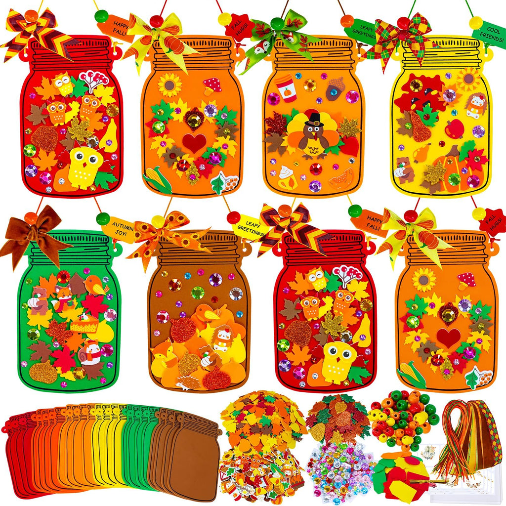 Fall Mason Jar Ornament Craft Kit with foam bases, stickers, beads, treat bags, tags, and cords.